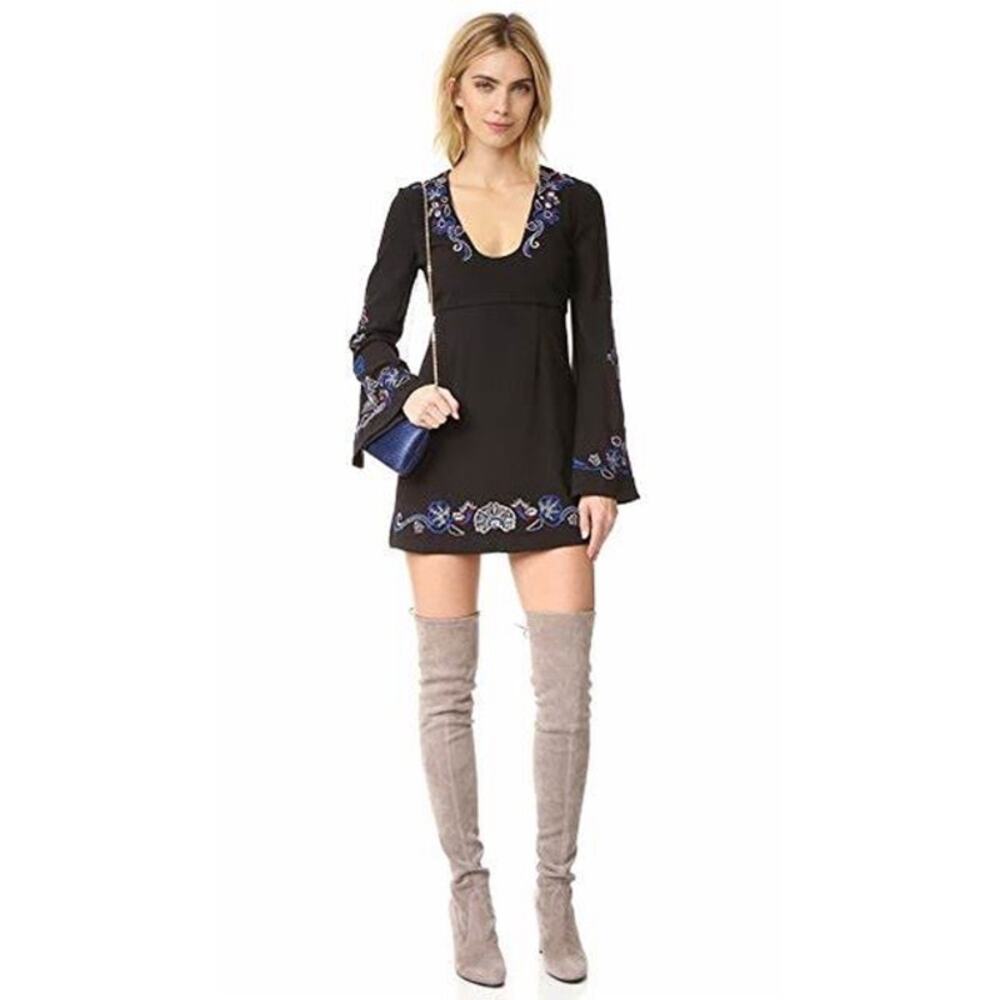 Free People Holiday Folk Black Floral Embroidered Bell Sleeve Mini Dress Size 0